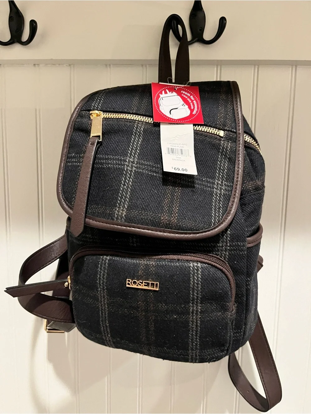 Rosetti Black Brown Plaid Mini Backpack purse bag New!